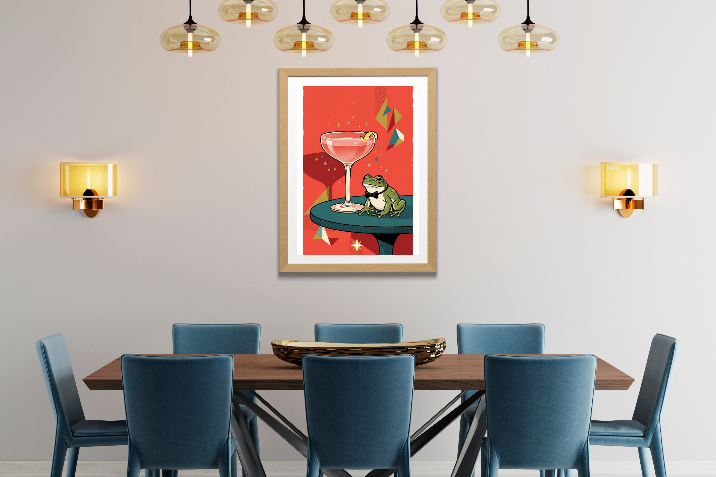 Vibrant mid-century geometric animal art displayed brightly in a retro kitchen setting