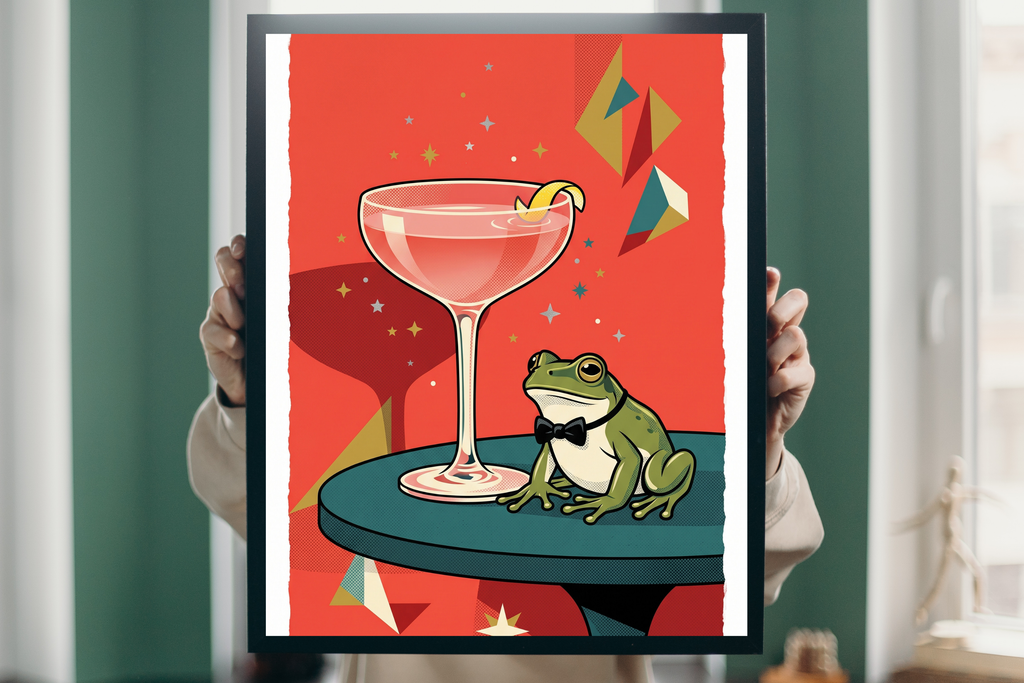 Detail view showing the vintage halftone texture, mid-century starbursts, and dapper frog with a bowtie