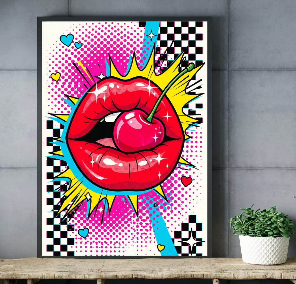 Comic book style red lips wall decor displayed in a colorful Y2K aesthetic bedroom