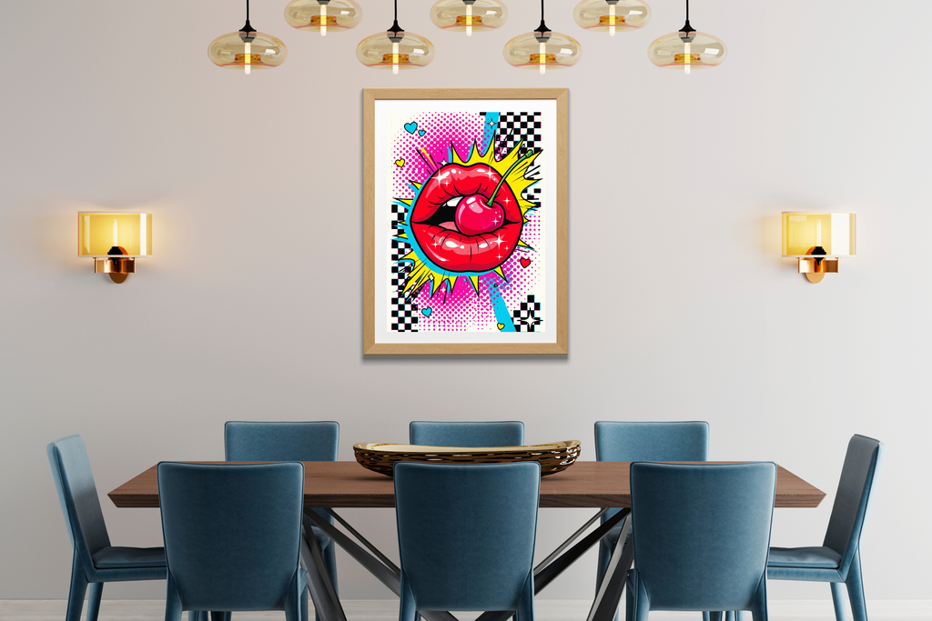 Bold comic explosion lips wall art adding energetic retro vibes to a chic boutique or salon