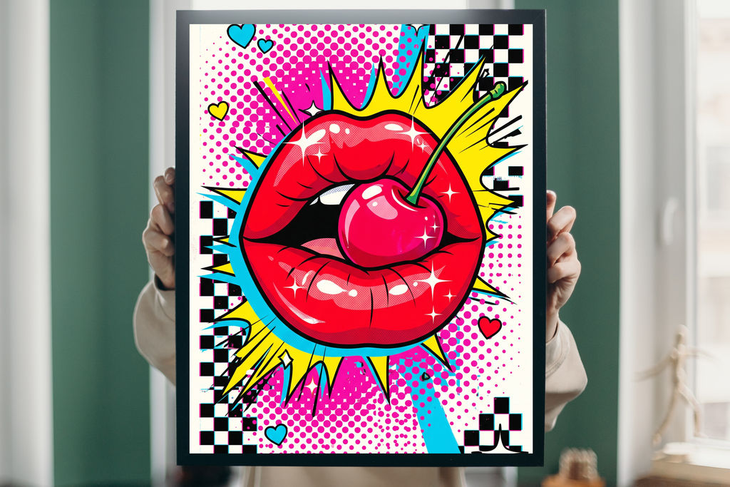 Detail view showing the crisp pink halftone dots and glossy red cherry of the graphic print