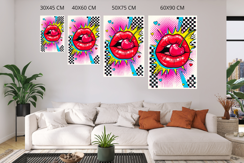 Vibrant retro pop art lips and cherry canvas print in a trendy eclectic living room