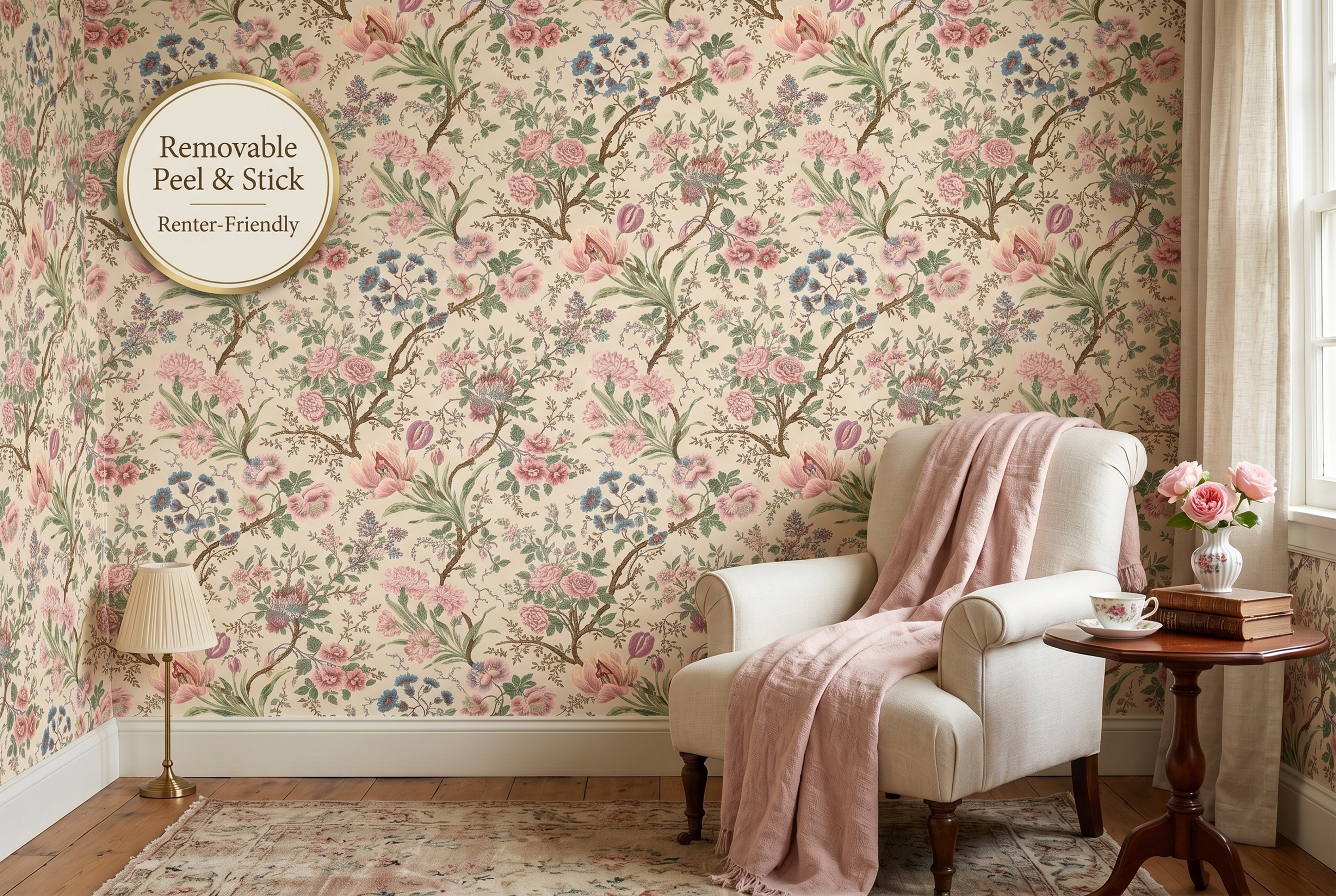 Romantic cottagecore floral peel and stick wallpaper in a cozy bedroom