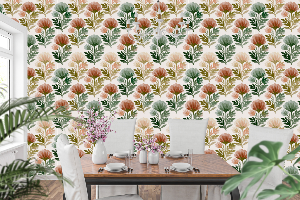 Rustic block print floral wallpaper in an earthy cottagecore dining room