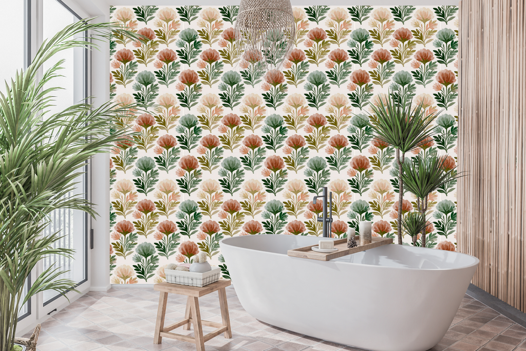 Waterproof vinyl vintage block print wallpaper applied in a charming farmhouse bathroom