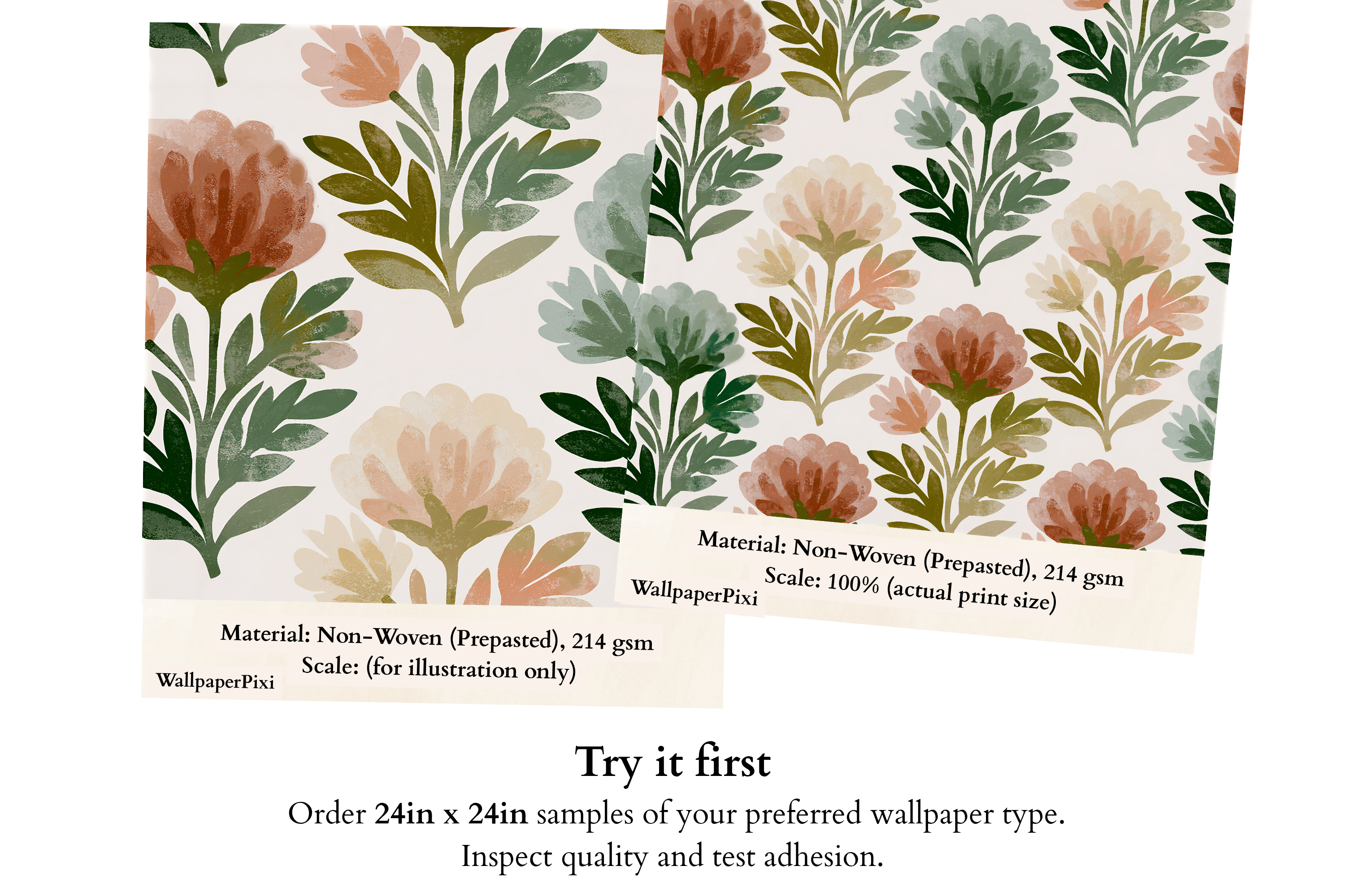 Rustic Folk Art Block Print Floral Wallpaper Earthy Vintage Botanical Wall Mural