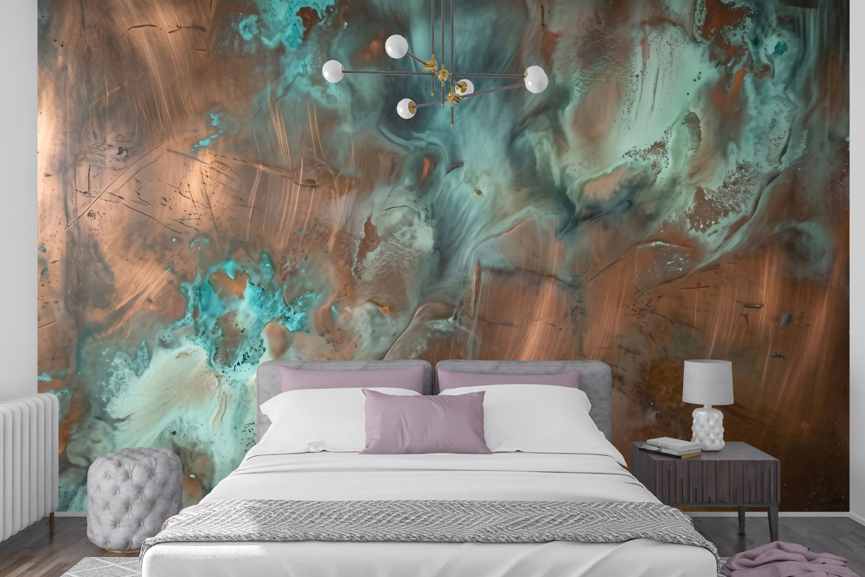 Distressed bronze and turquoise patina peel and stick wallpaper behind a sleek bed