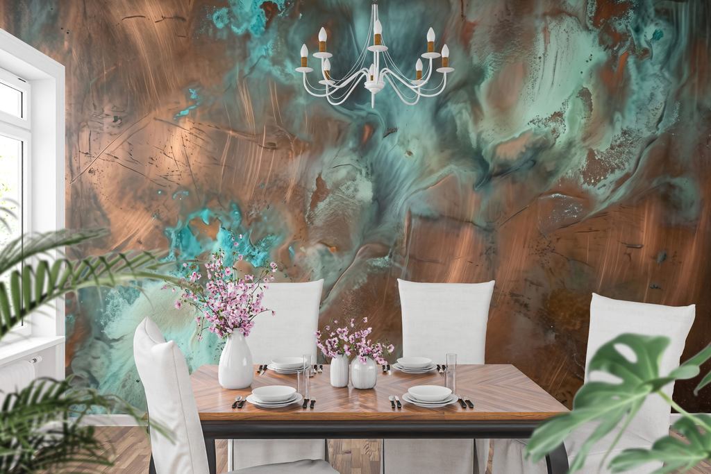 Urban loft verdigris metal texture wall mural creating an edgy home bar accent