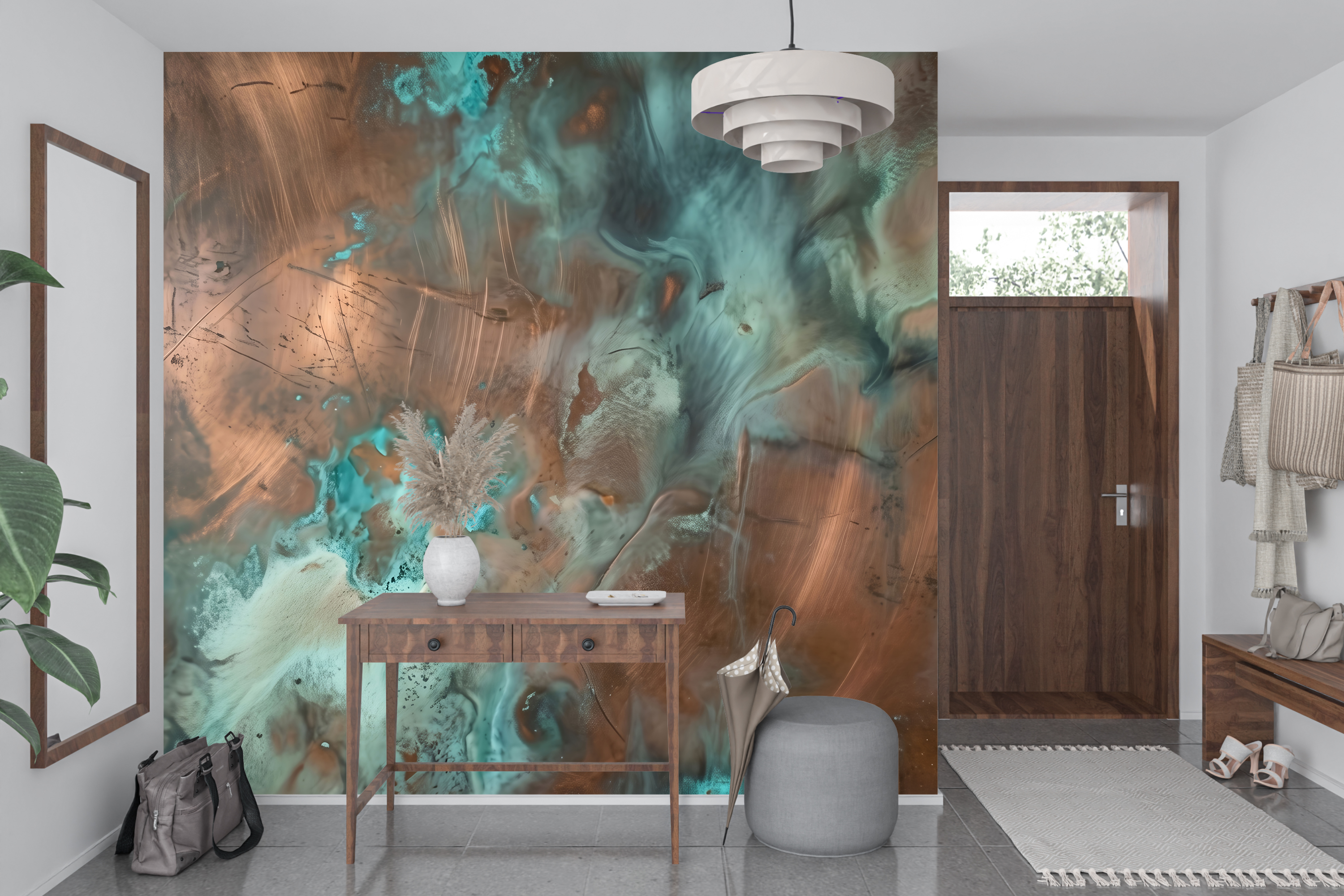 Modern swirled faux oxidized metal wall mural transforming a trendy commercial restaurant space