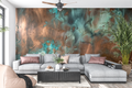 Abstract oxidized copper mural in a bold modern industrial living room