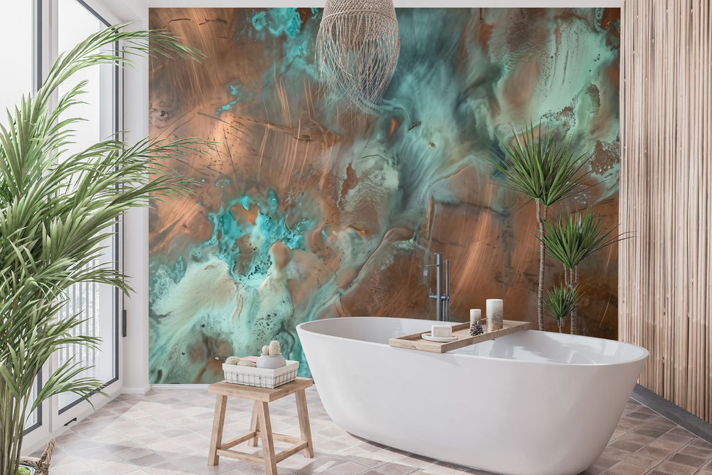 Waterproof vinyl fluid copper patina wallpaper applied in a moody industrial bathroom