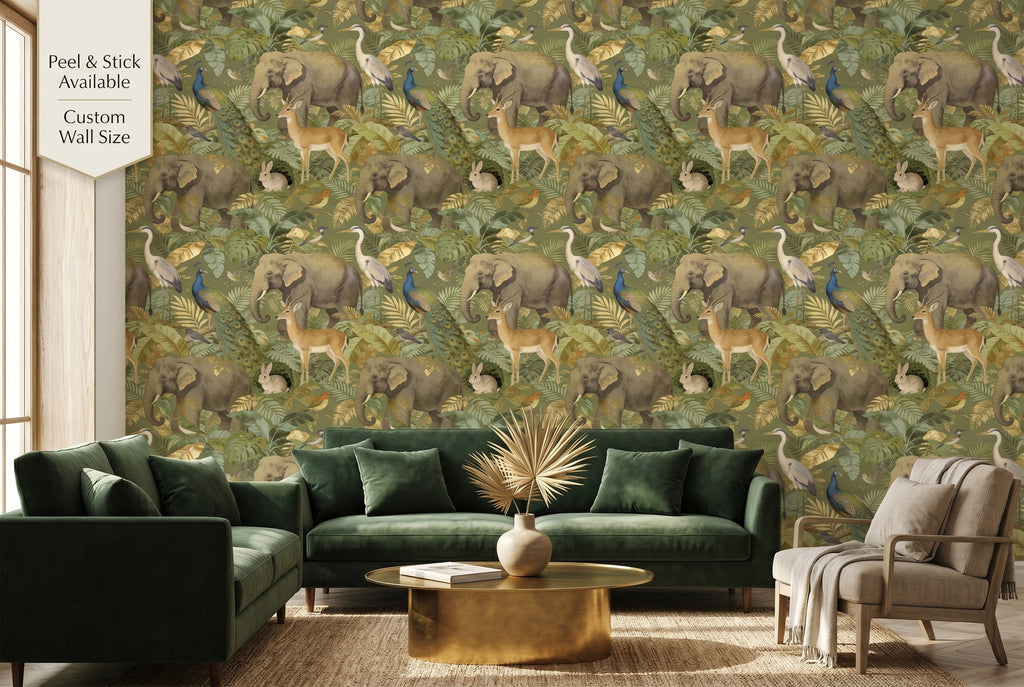 Safari jungle animal wallpaper in a luxurious dark olive green living room