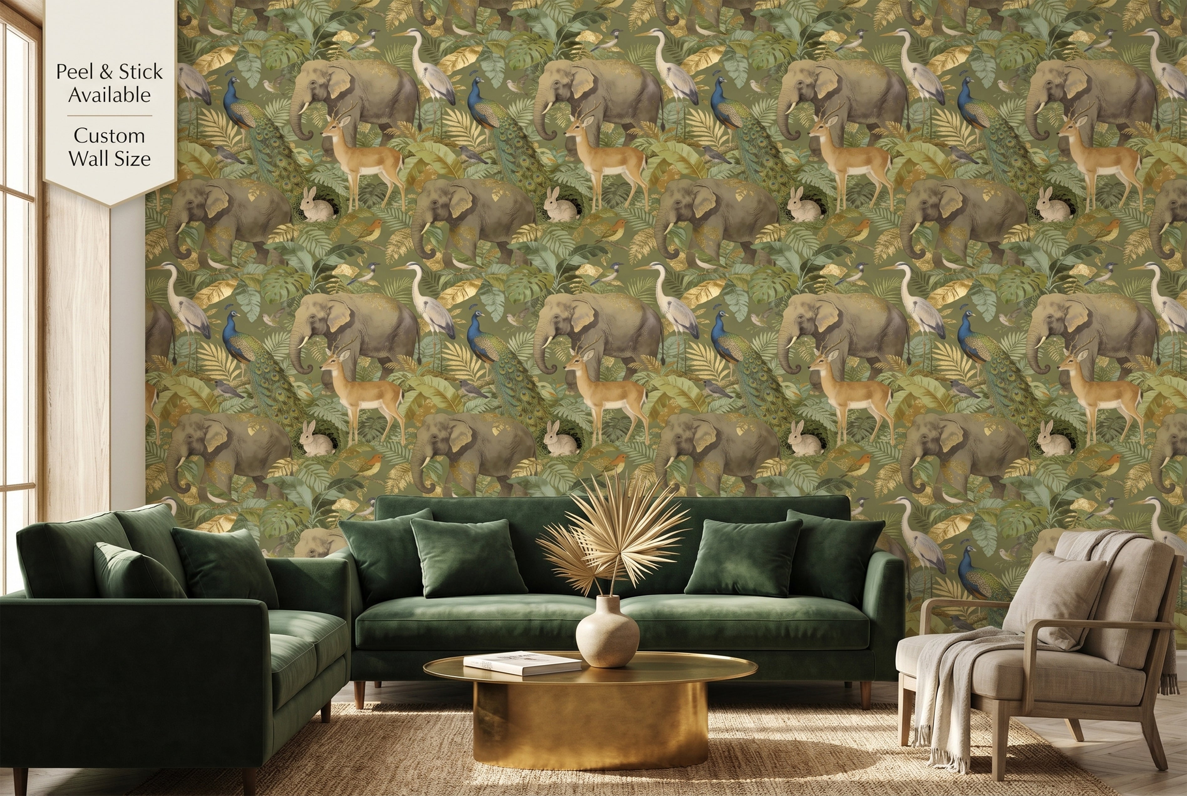 Safari jungle animal wallpaper in a luxurious dark olive green living room