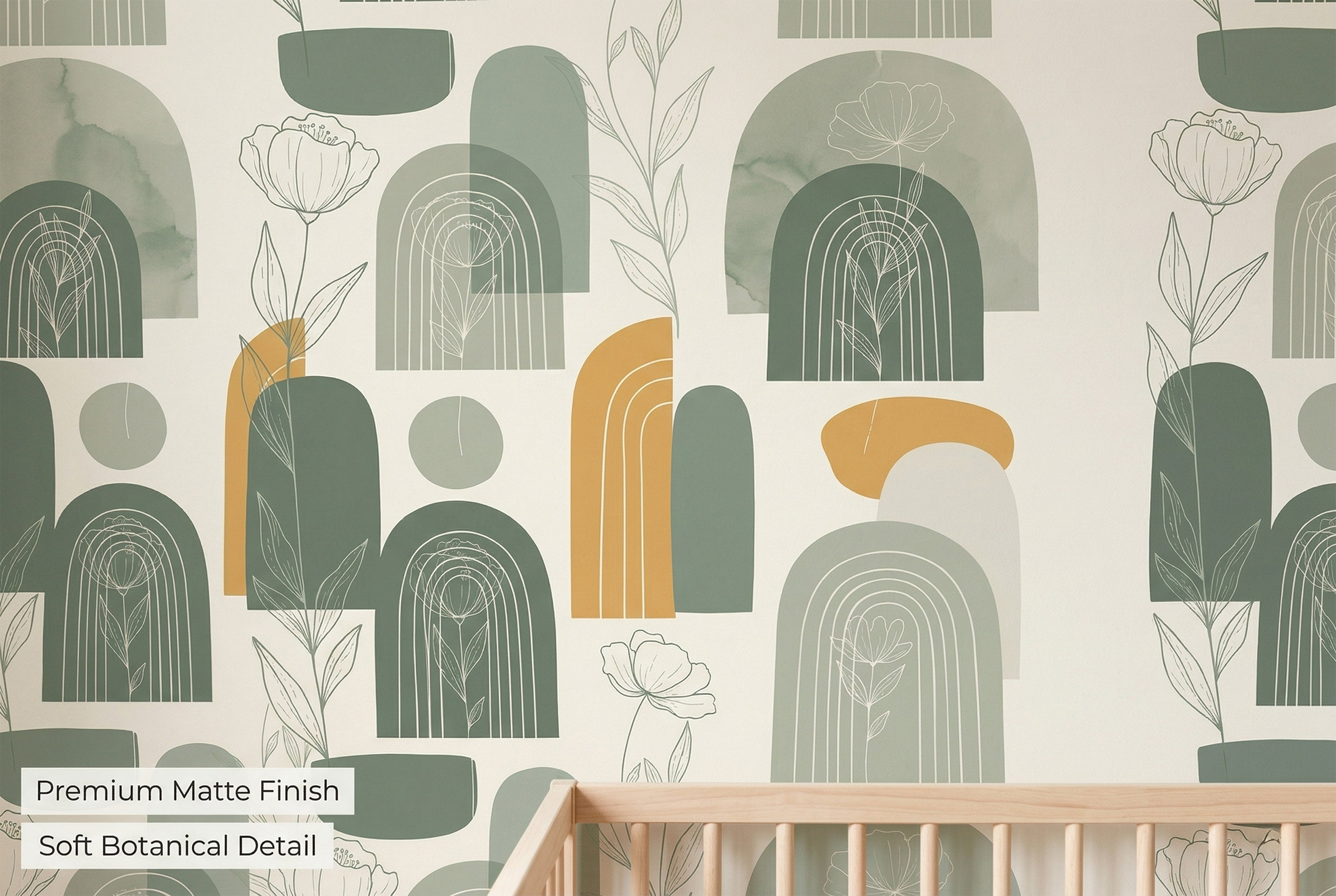 Sage green boho arch and botanical line art wallpaper in a modern nursery