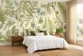 Sage green botanical wall mural — watercolour fern fronds eucalyptus branches maidenhair fern and curling fiddleheads in soft sage and olive green on warm ivory background — peel and stick wallpaper by WallpaperPixi