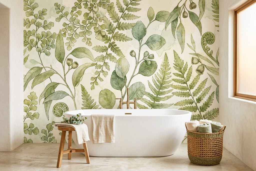 Sage green fern wall mural in a boho bathroom with a white freestanding bathtub and brass fixtures