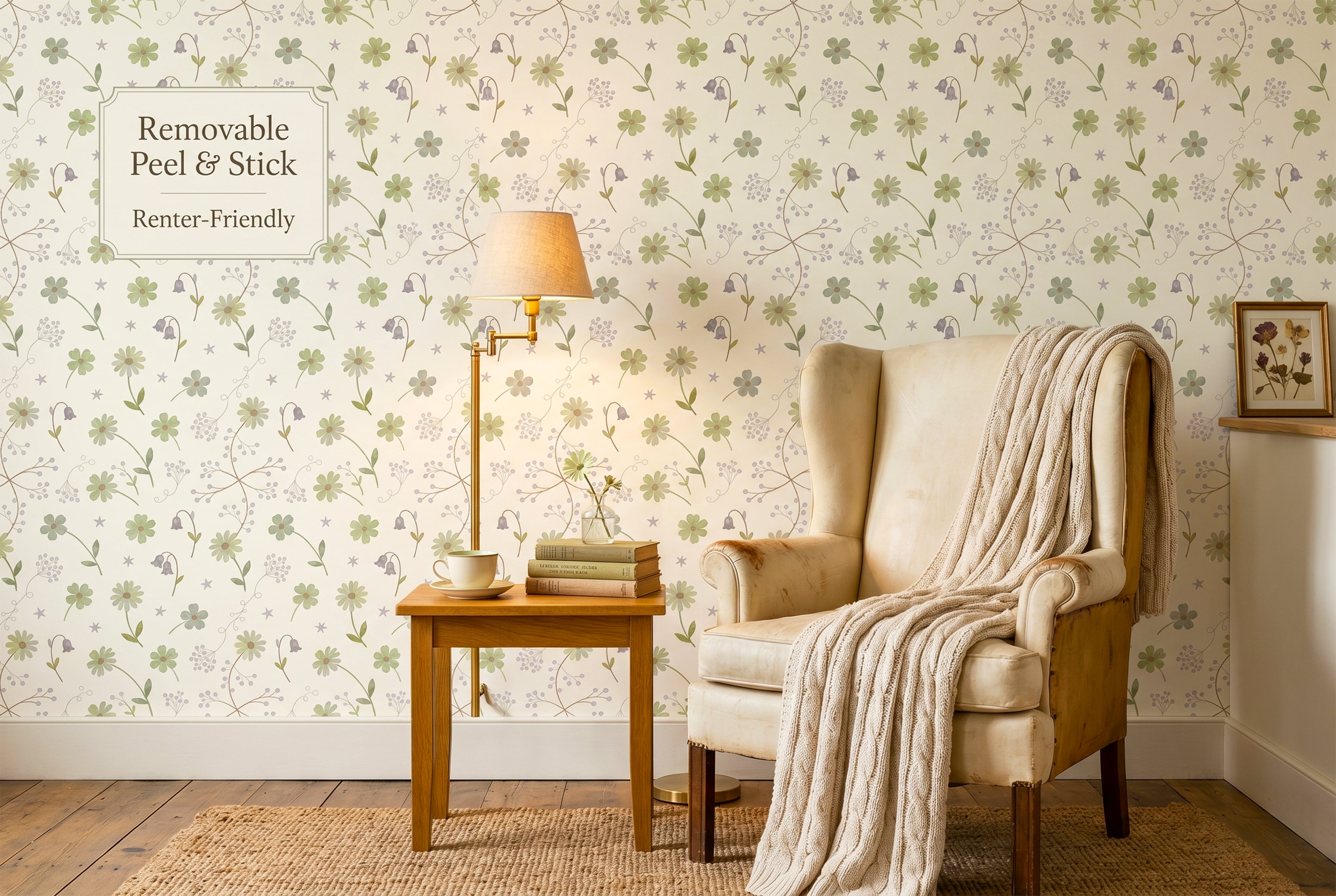 Sage green wildflower and daisy cottagecore wallpaper in a cozy reading nook