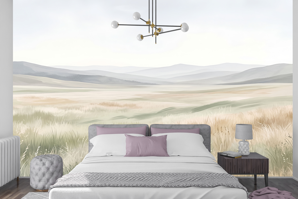Soft sage and beige prairie landscape peel and stick wallpaper behind a modern bed