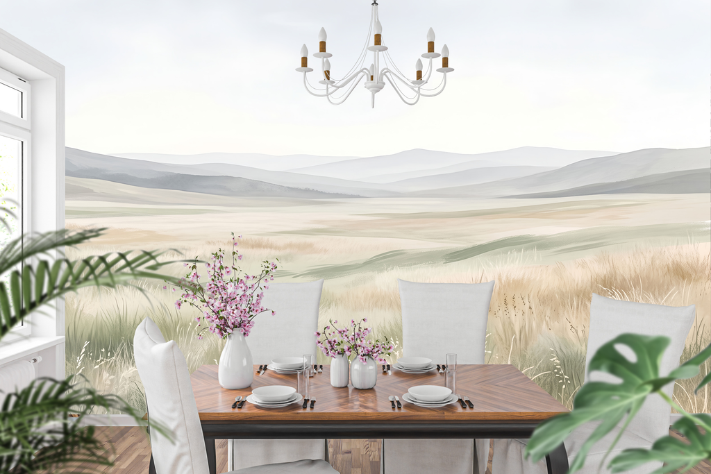 Neutral watercolor painted horizon wallpaper applied in a bright airy dining room