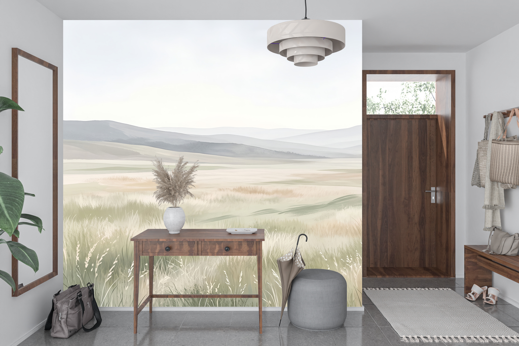 Expansive rolling hills and wild grass wall mural creating a calming home office accent