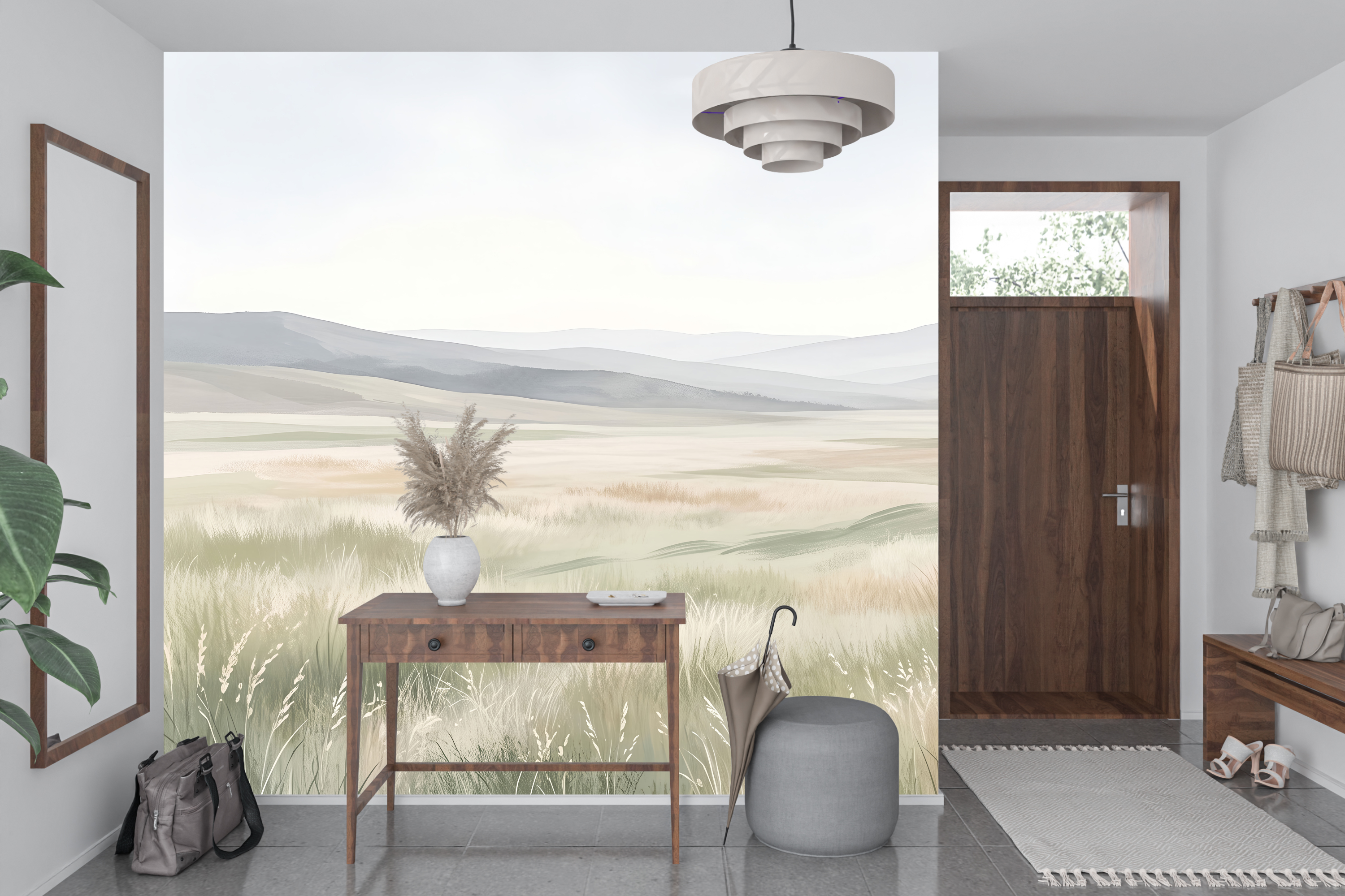 Expansive rolling hills and wild grass wall mural creating a calming home office accent