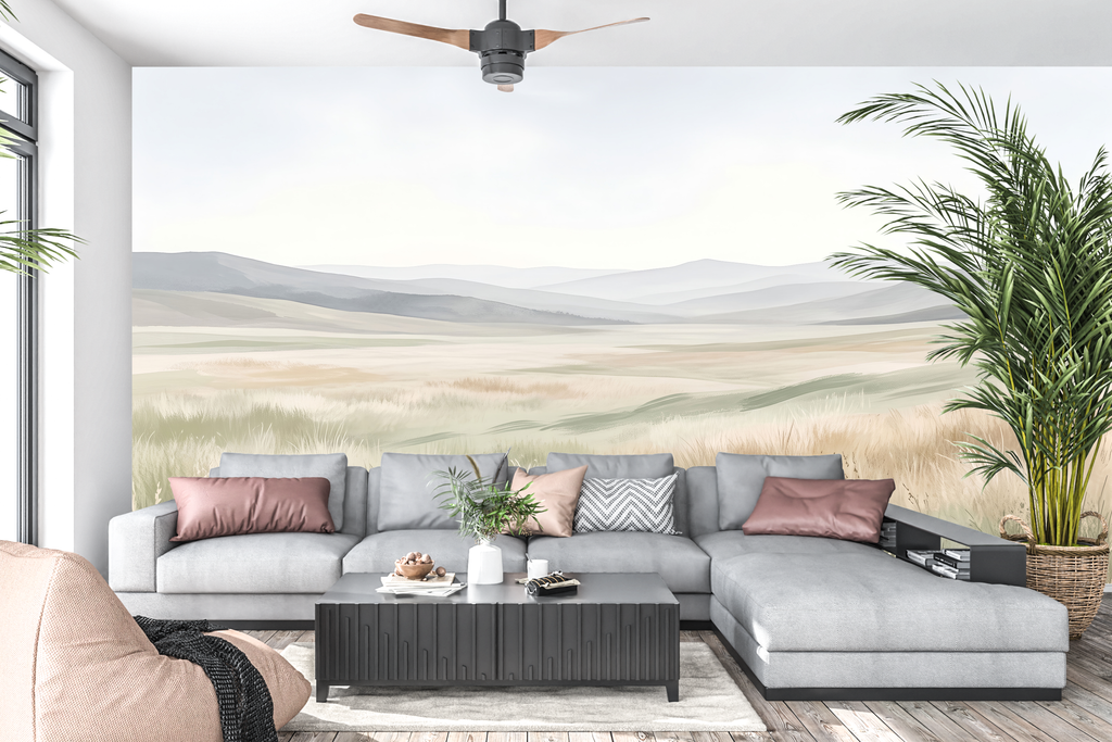 Serene watercolor meadow mural in a minimalist neutral Japandi living room