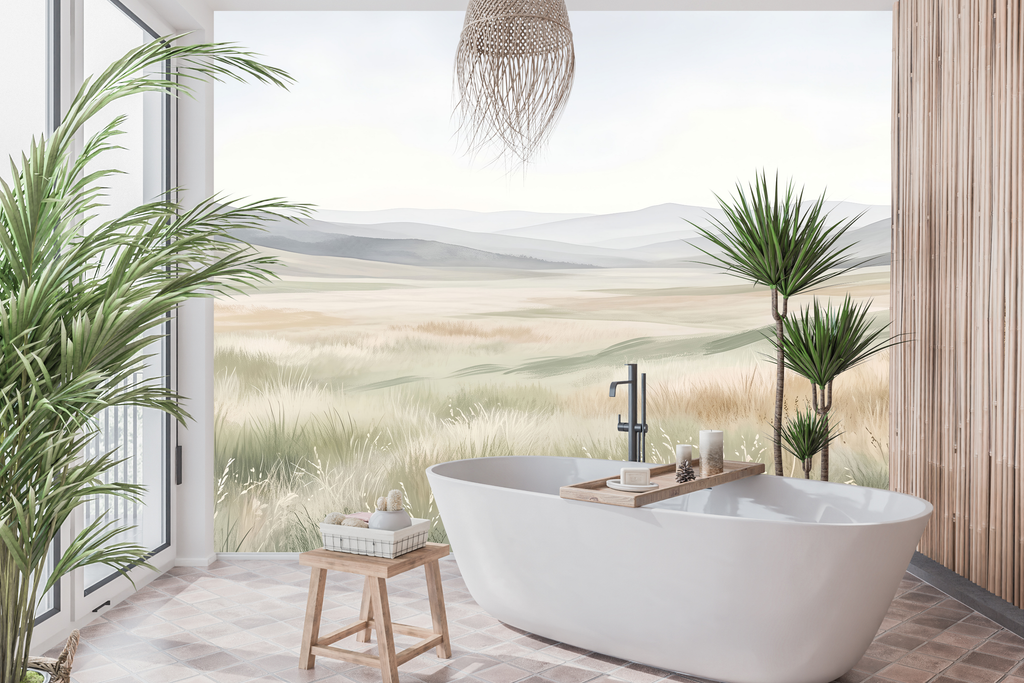 Calm misty mountain and meadow wall mural transforming a minimalist yoga space