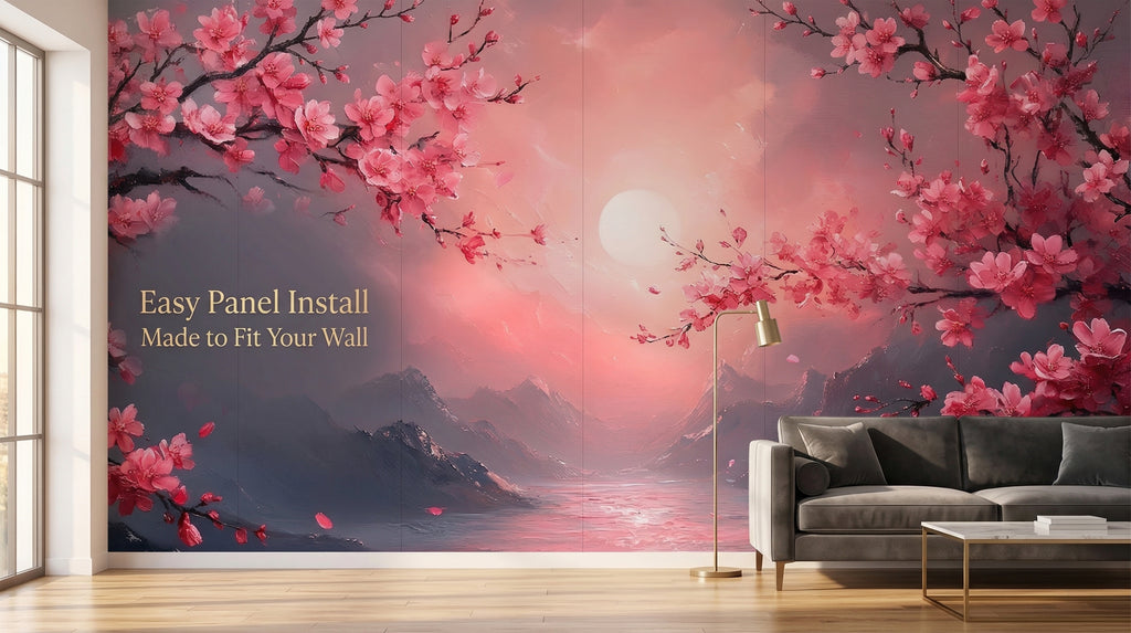 Serene Japanese cherry blossom peel and stick wallpaper in a relaxing bedroom