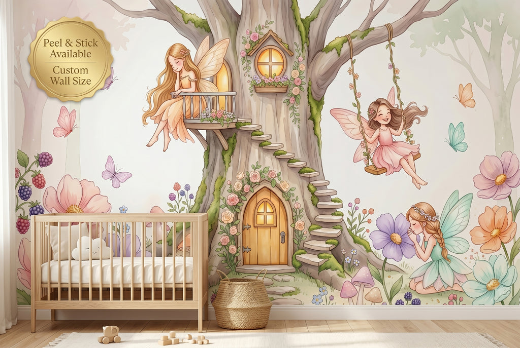 Soft pastel fairy door with a wooden balcony on enchanted woodland mural
