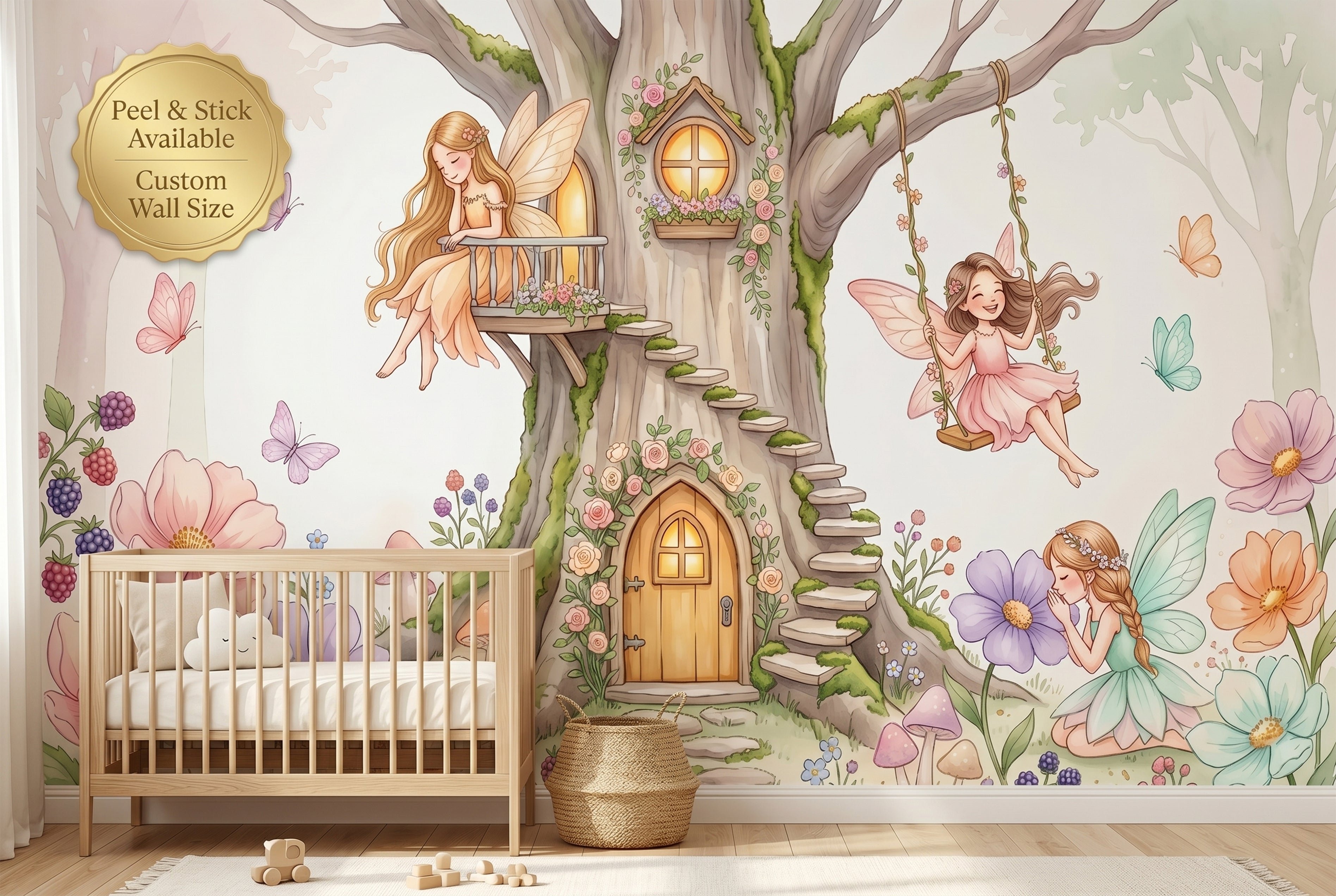 Soft pastel fairy door with a wooden balcony on enchanted woodland mural