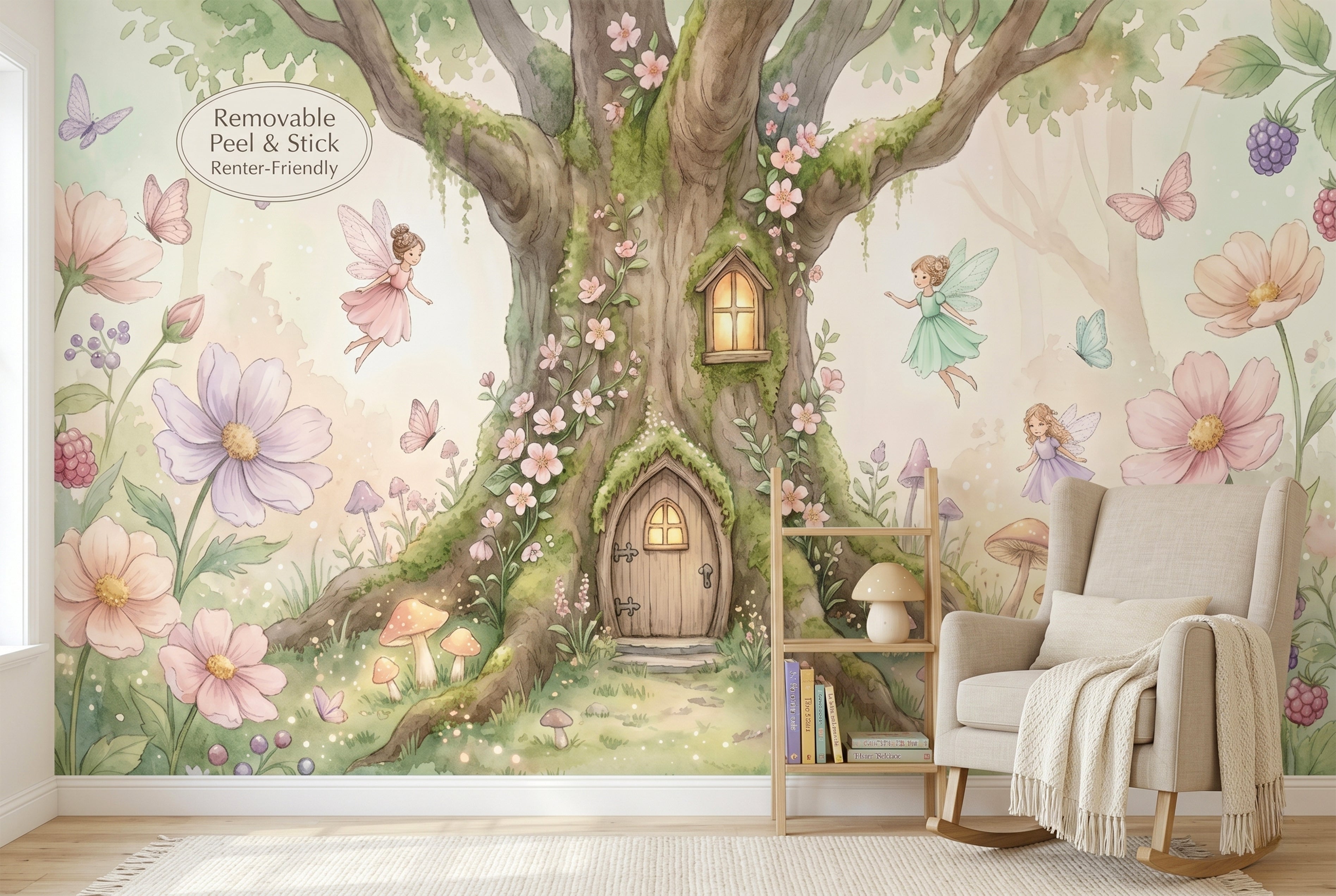 Soft pastel peonies and flying fairies on enchanted forest nursery wallpaper