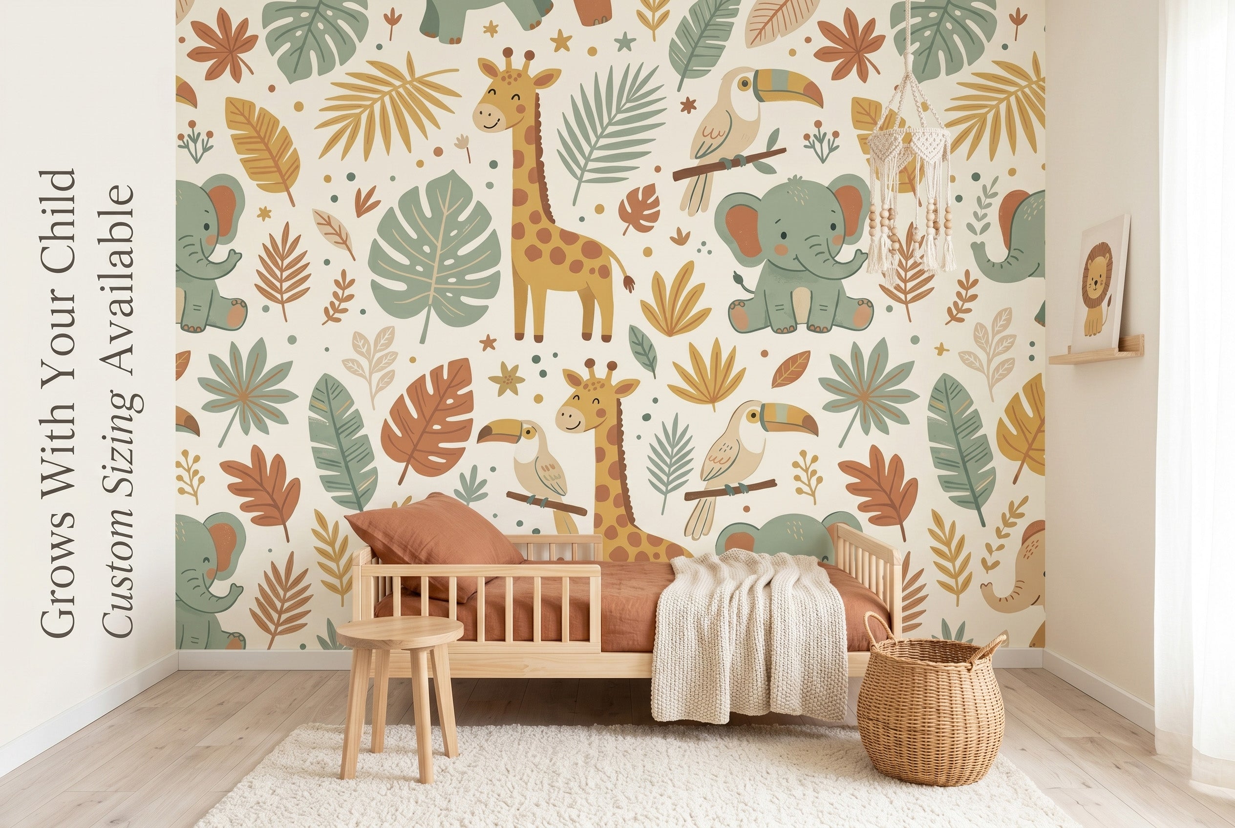 Soft sage green and terracotta tropical leaves on pastel safari wall mural