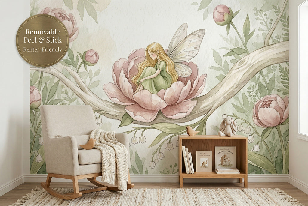 Soft sage green leaves and lily of the valley on fairy nursery wall mural
