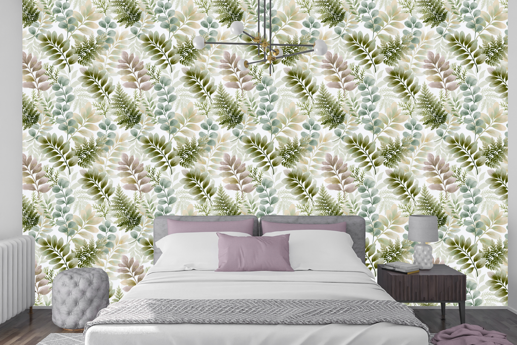 Calming sage green and dusty pink leaf wallpaper creating a serene accent wall in a modern bedroom