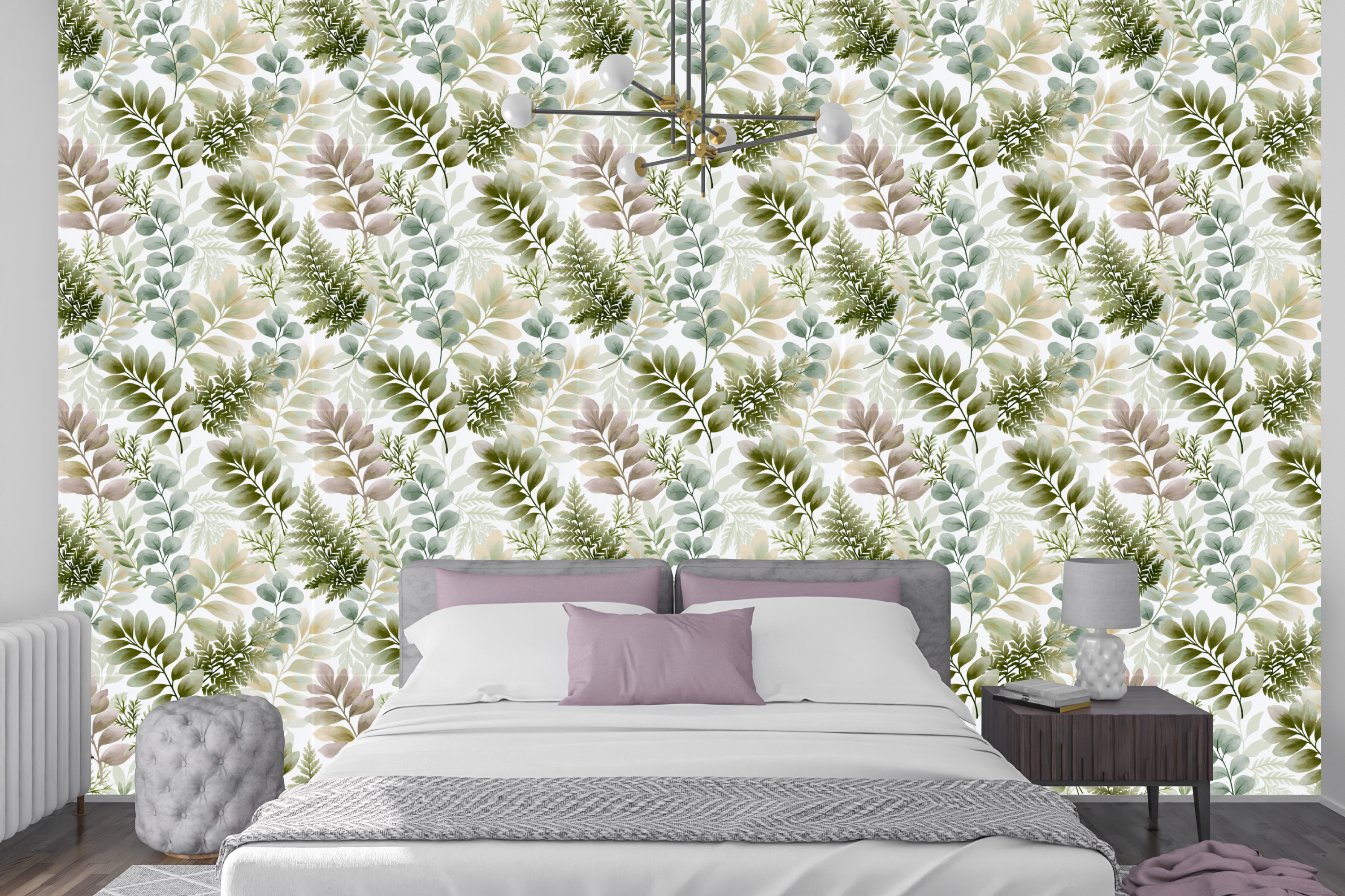 Calming sage green and dusty pink leaf wallpaper creating a serene accent wall in a modern bedroom