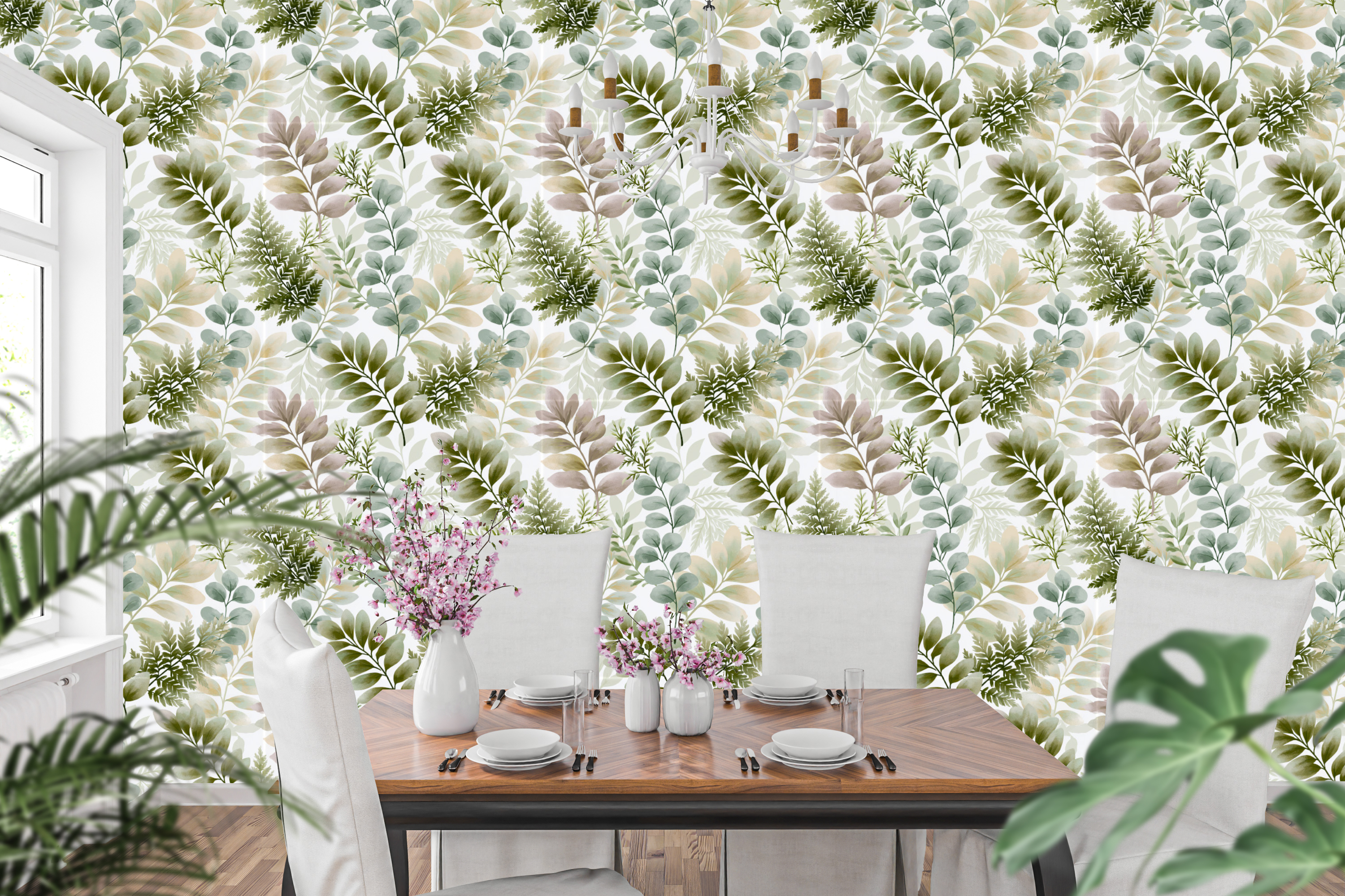 Subtle watercolor botanical wallpaper featuring sage green leaves in a bright dining room