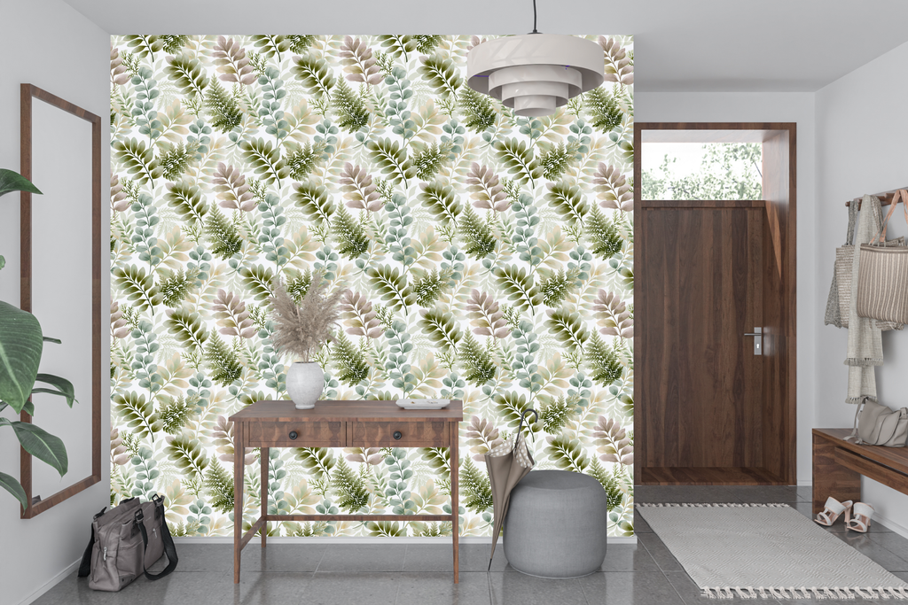 Organic botanical leaf wall mural transforming a peaceful home office or welcoming entryway