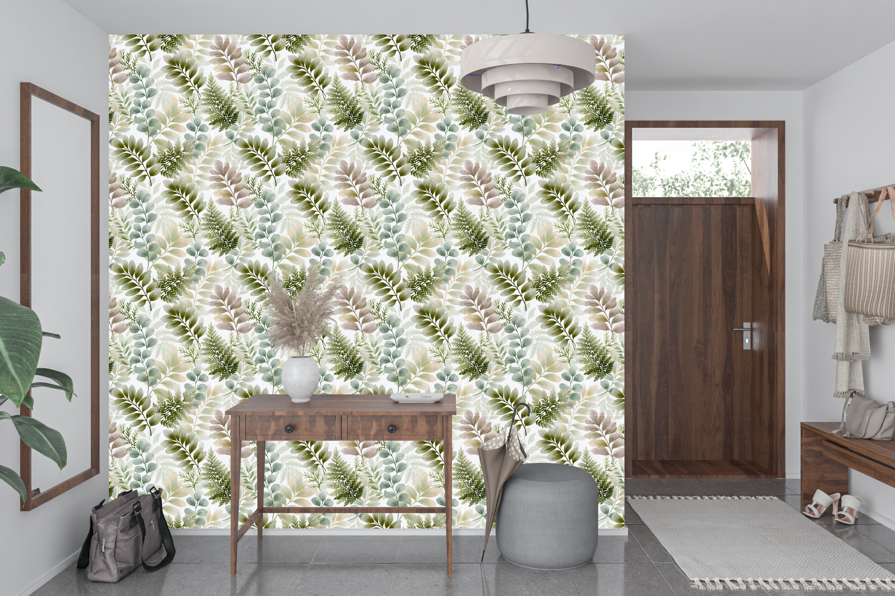 Organic botanical leaf wall mural transforming a peaceful home office or welcoming entryway