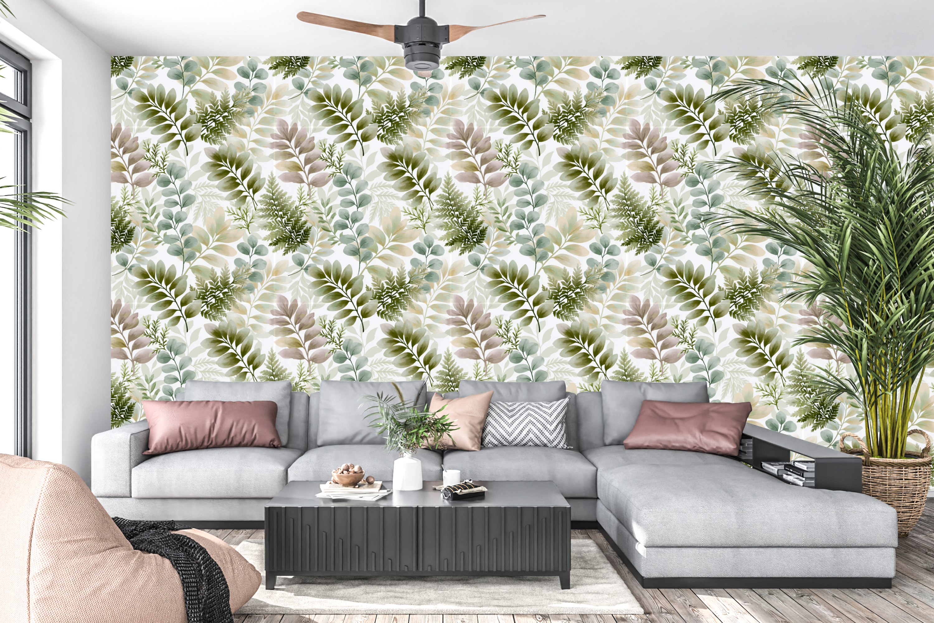 Elegant fern and eucalyptus peel and stick wall mural behind a neutral living room sofa