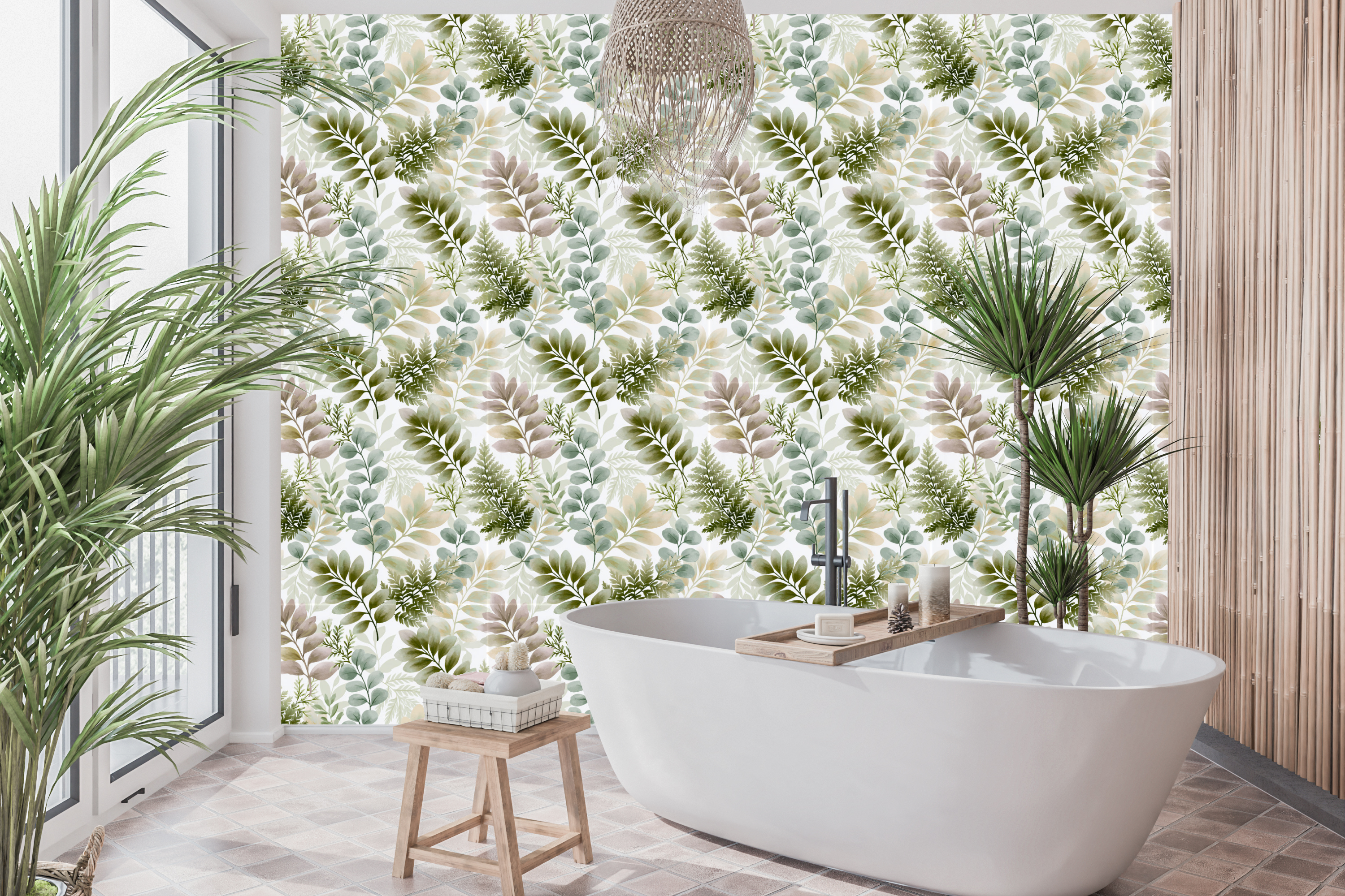 Waterproof vinyl soft watercolor foliage wallpaper applied in a spa-like modern bathroom