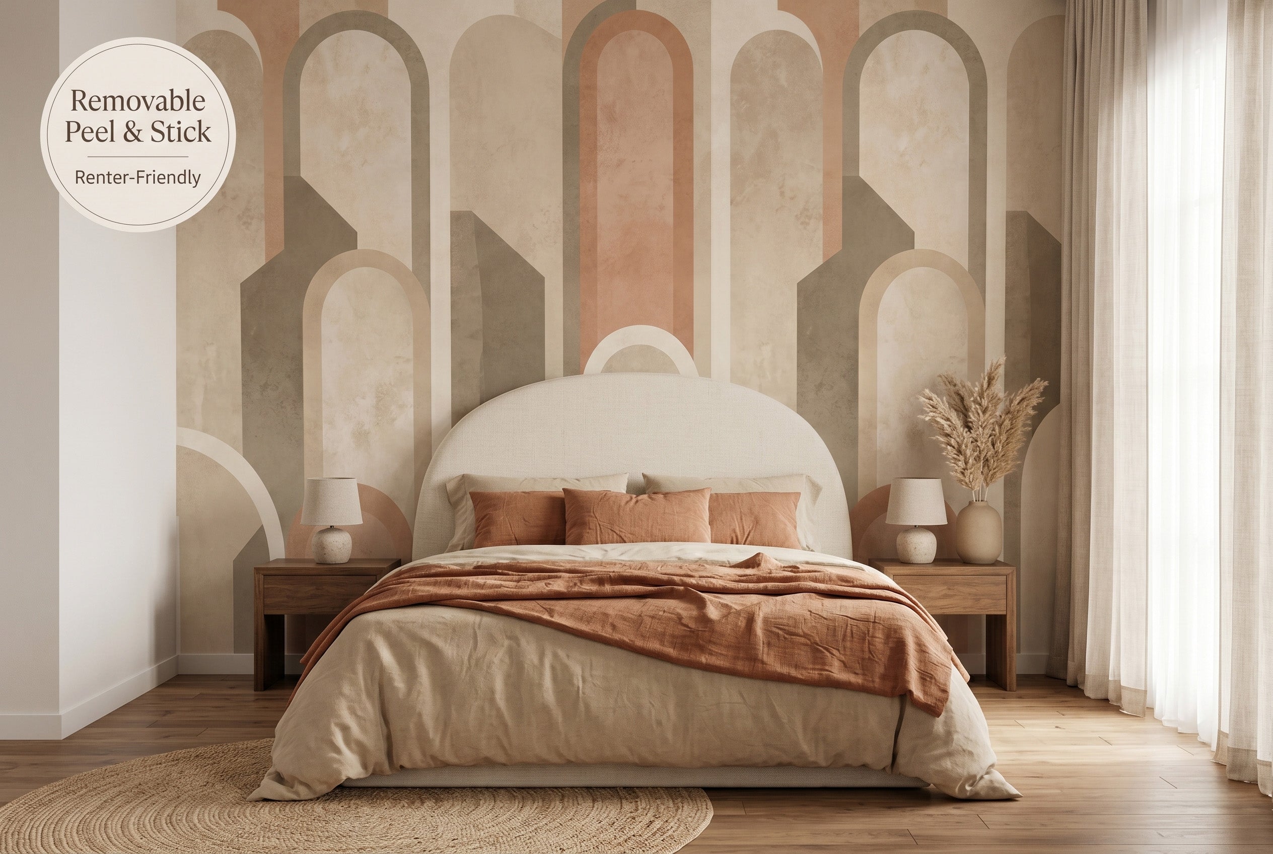 Terracotta arch geometric peel and stick wall mural in a warm sophisticated master bedroom with earthy neutral tones