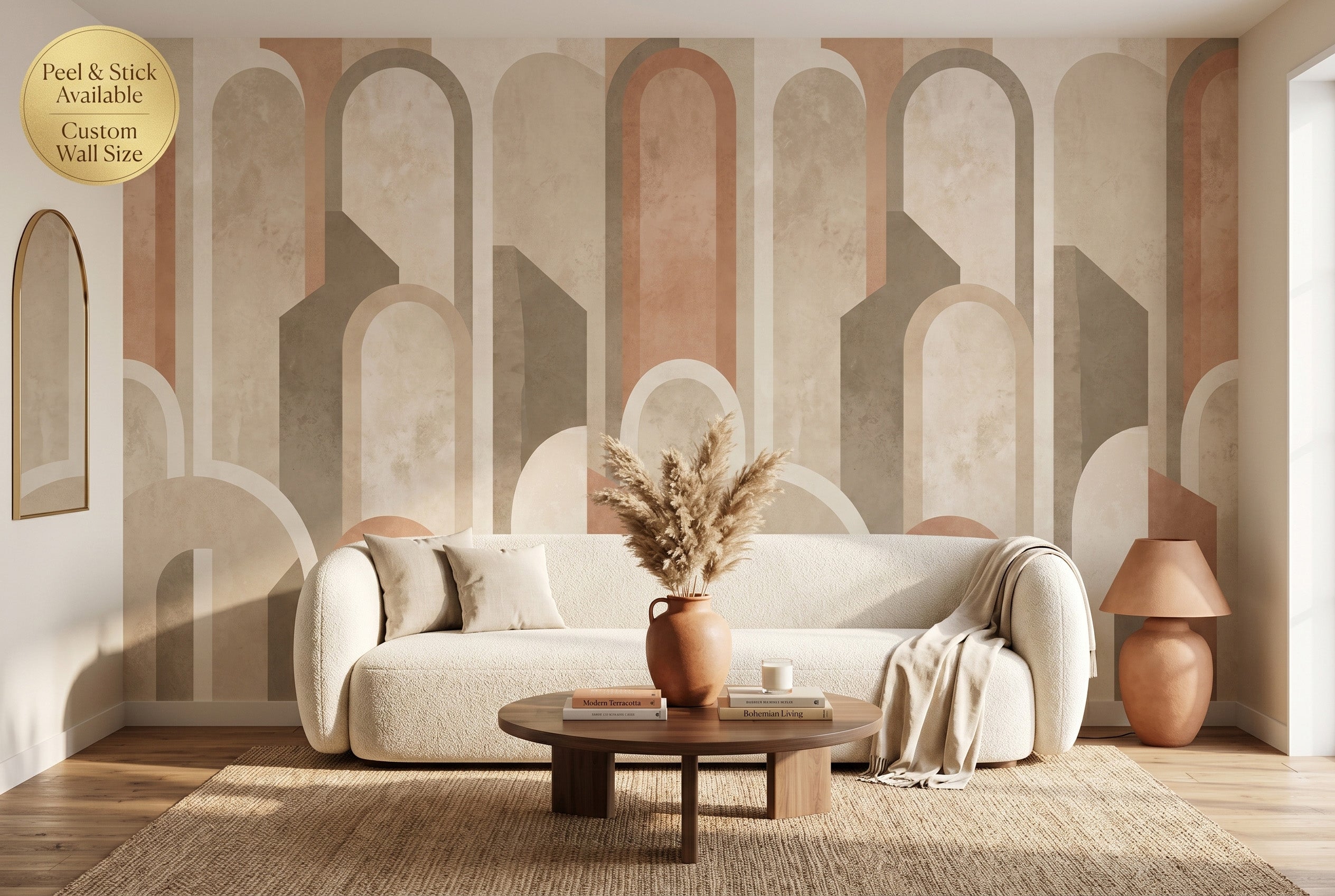 Terracotta arch geometric wall mural in a warm earthy boho living room with Art Deco inspired arches in sand and taupe