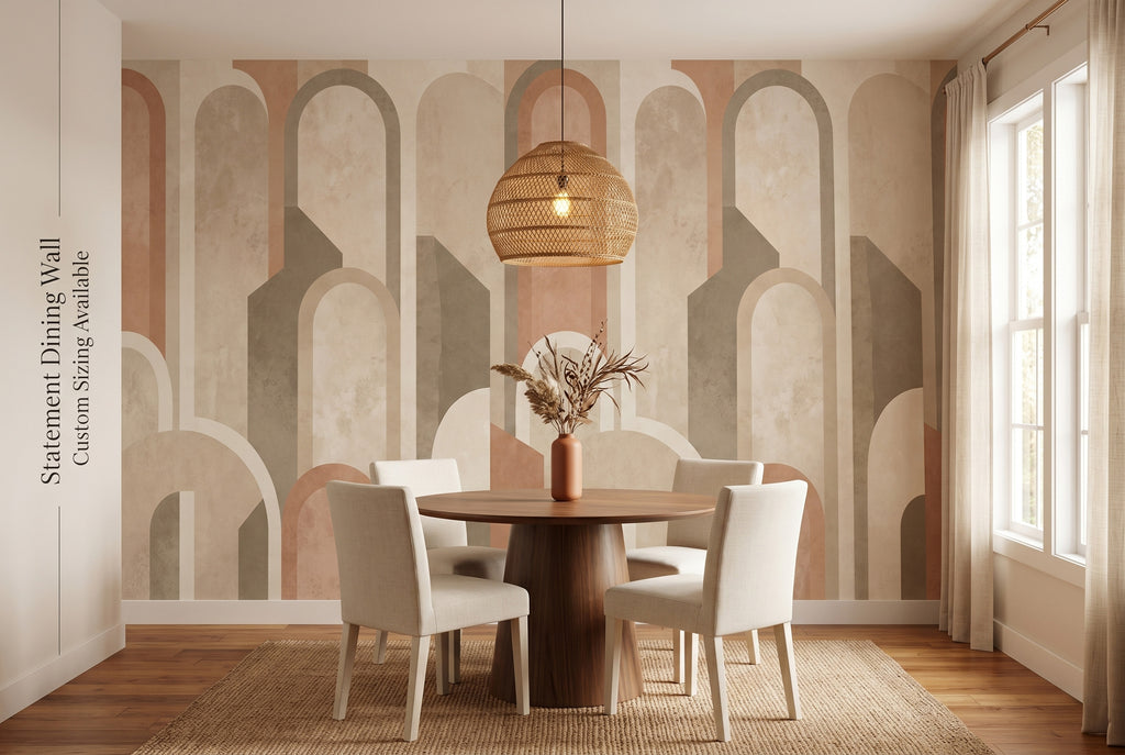 Terracotta arch geometric wall mural in an elegant warm dining room with Art Deco earthy tones
