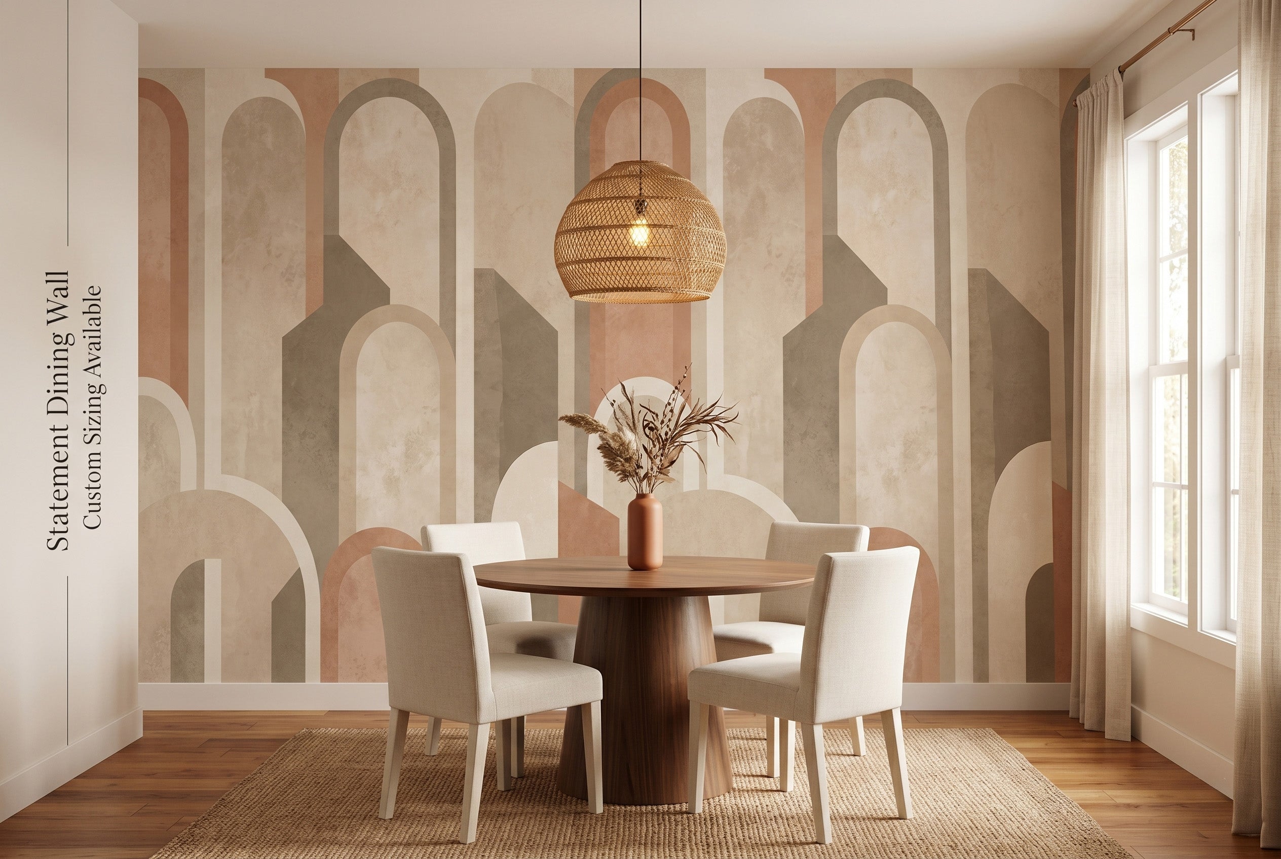 Terracotta arch geometric wall mural in an elegant warm dining room with Art Deco earthy tones