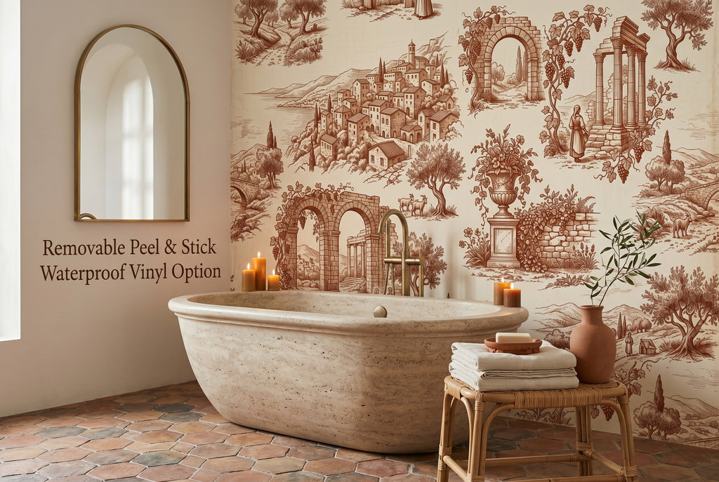 Toile de Jouy terracotta peel and stick wallpaper in an elegant spa bathroom with warm cream and gold tones
