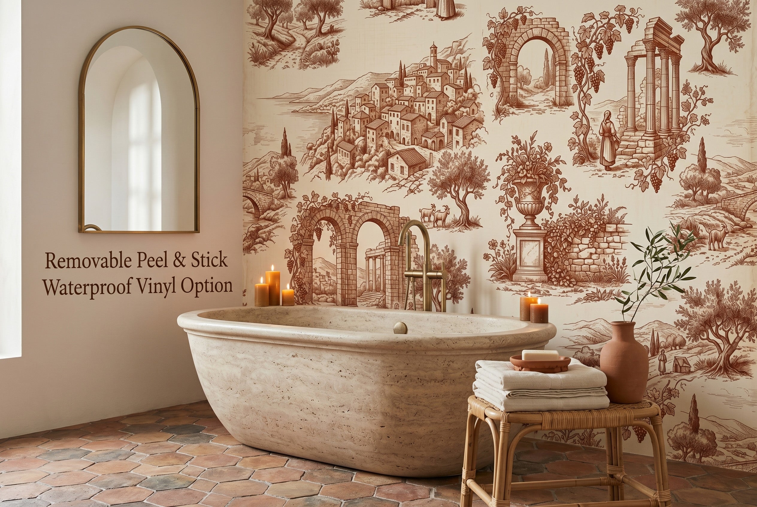 Toile de Jouy terracotta peel and stick wallpaper in an elegant spa bathroom with warm cream and gold tones