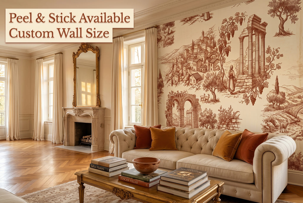 Toile de Jouy terracotta wallpaper in a grand elegant living room with antique furniture and warm candlelight