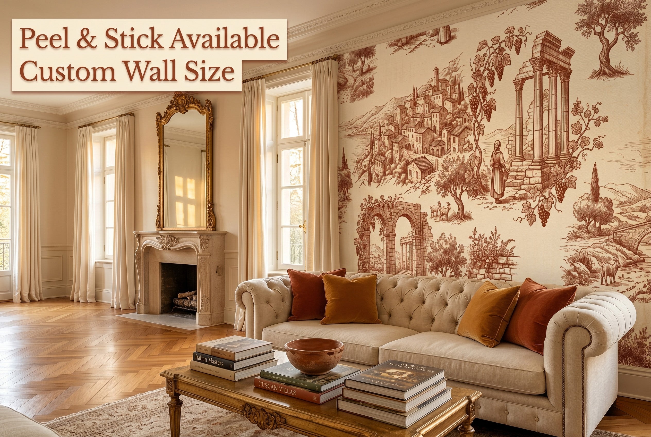 Toile de Jouy terracotta wallpaper in a grand elegant living room with antique furniture and warm candlelight