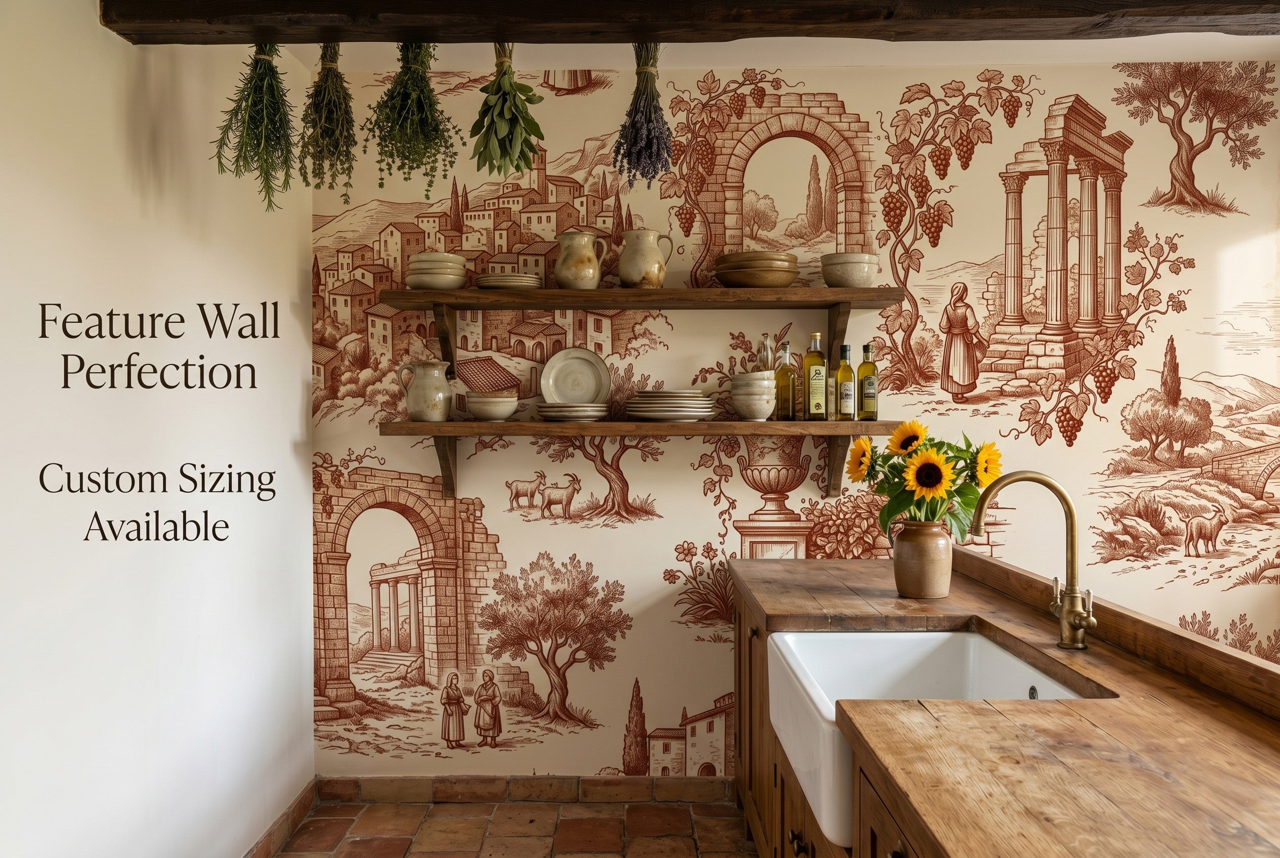 Toile de Jouy wallpaper in a warm rustic farmhouse kitchen with terracotta tiles and wooden beams

