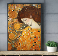 Tranquil sleeping woman Gustav Klimt inspired canvas print displayed above a luxurious master bed